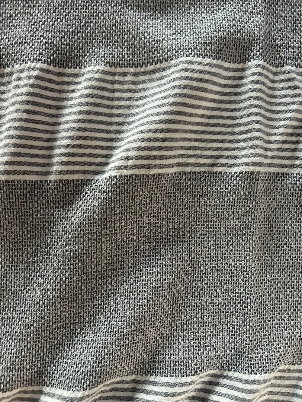 Grayish Blue Striped Fabric Shower Curtin with Fringe